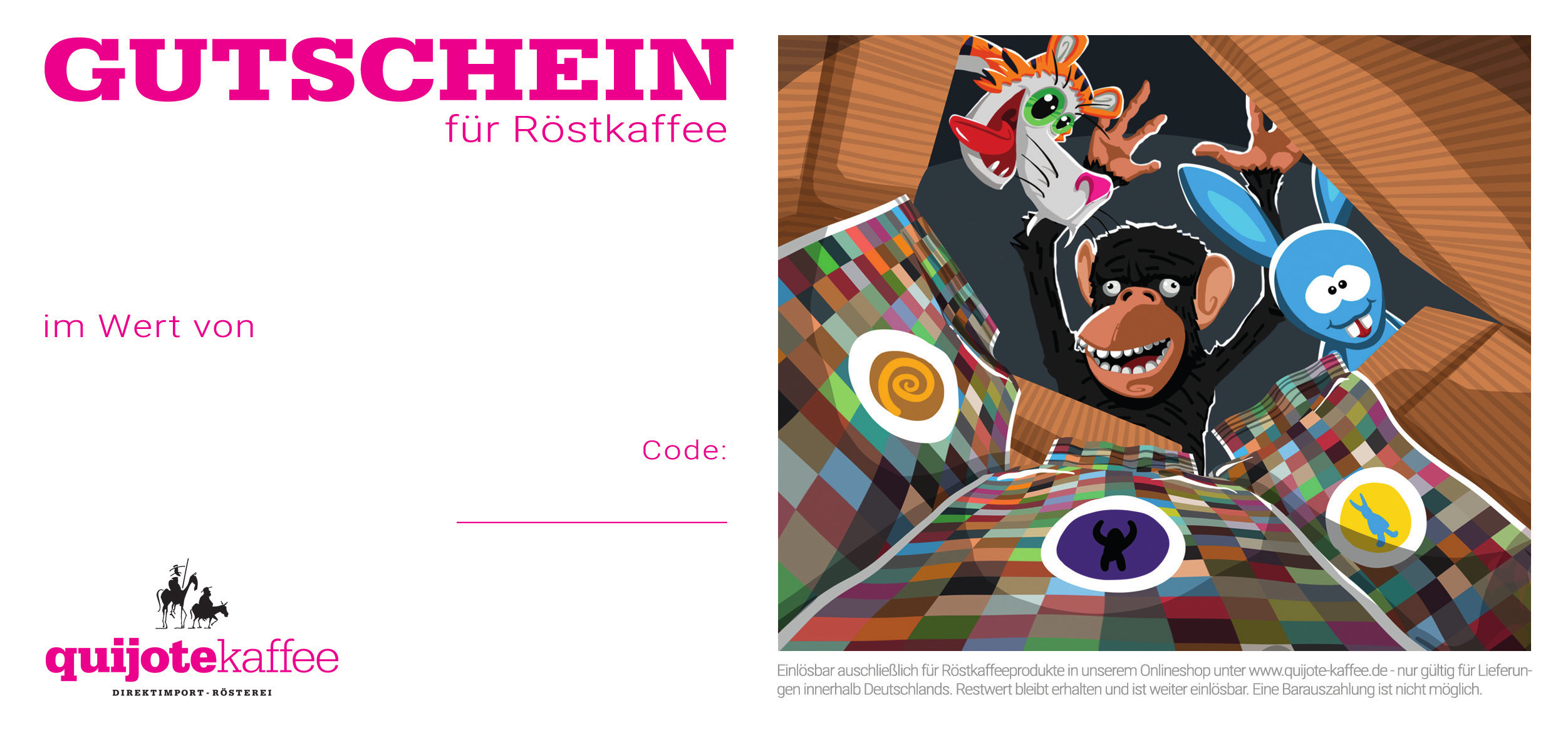 Rückseite des Geschenkgutscheins mit Feldern für Gutscheinwert und Gutscheincode