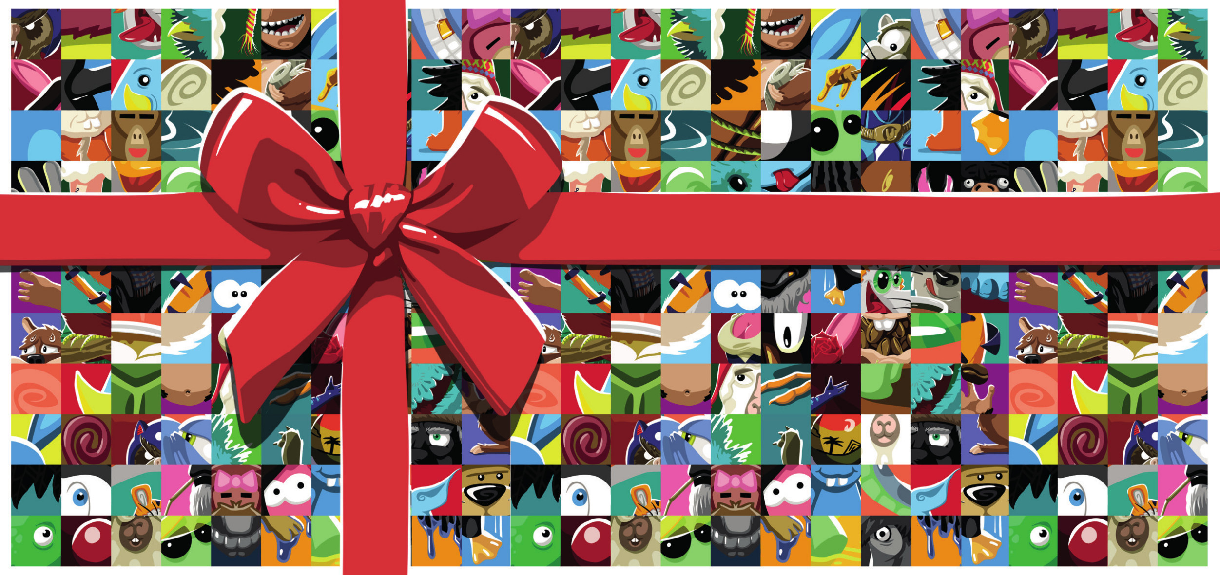 Vorderseite des Geschenkgutscheins als buntes Geschenk mit roter Schleife